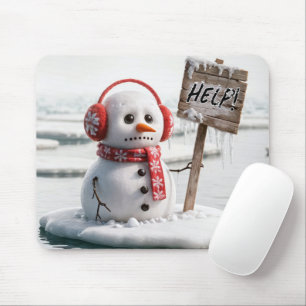 Melting Snowman On Ice Floe With Help Sign Mouse Mat