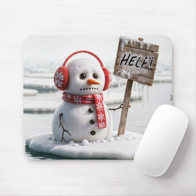 Melting Snowman On Ice Floe With Help Sign Mouse Mat (With Mouse)