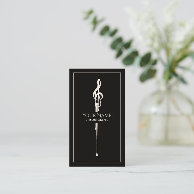 Melting White Treble Clef Classy Black Business Card (Standing Front)