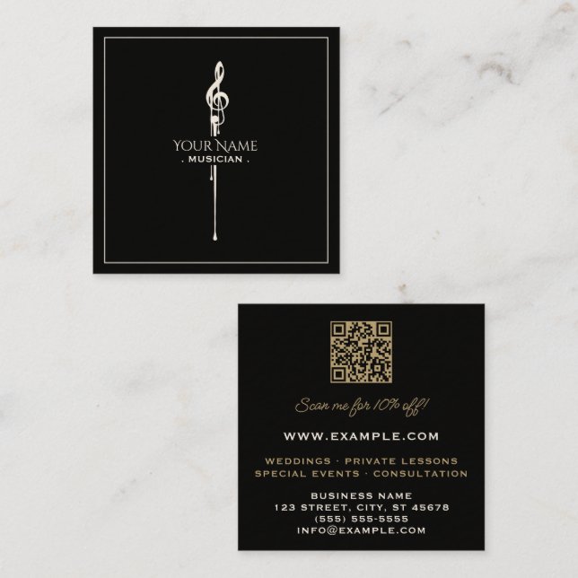 Melting White Treble Clef Classy Black Square Business Card (Front/Back)