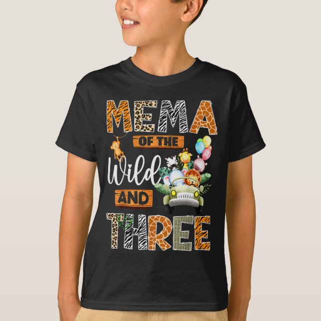 Mema Of The Wild And Three 3rd Birthday Boy Safari T-Shirt (Front)