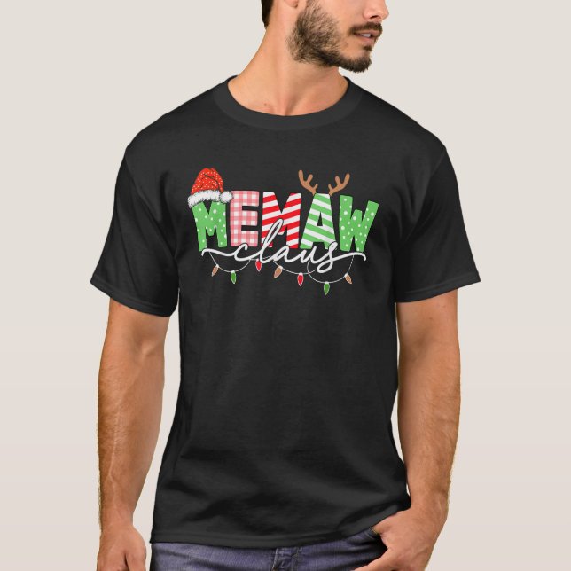 Memaw Claus Christmas Lights Santa Hat Family Matc T-Shirt (Front)