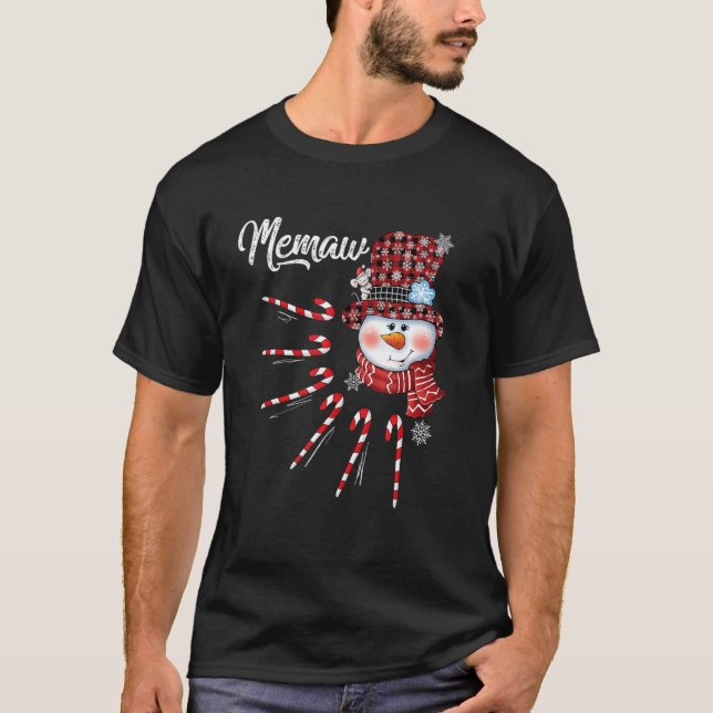 Memaw Snowman Candy Cane Christmas Red Plaid Hat T-Shirt (Front)