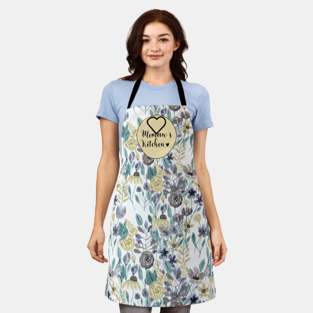 Memaw's Kitchen Grey Yellow Floral Watercolor Apron (Worn)