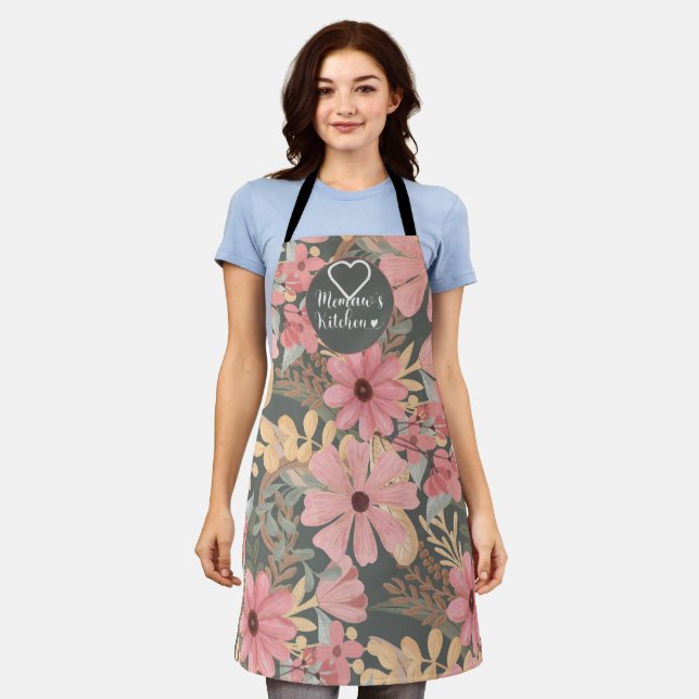 Memaw's Kitchen Pink Sage Green Flowers Leaves Apron (Worn)