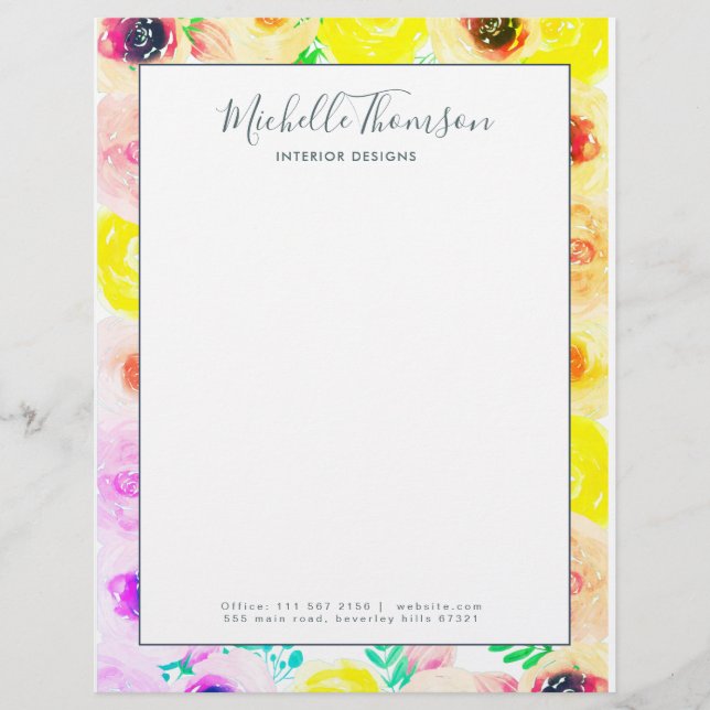Membrete Watercolor pink indigo blue fashion Custom Letterhead (Front)