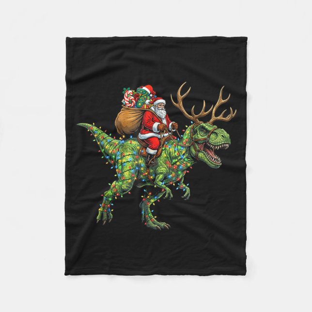 Meme 67 Christmas Santa Riding Dinosaur T Rex Boys Fleece Blanket (Front)