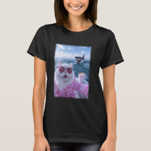 Meme Cat on Yacht Boat with Shark Behind T-Shirt