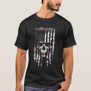 Memento Mori Catholic Rosary American Flag Skull T-Shirt