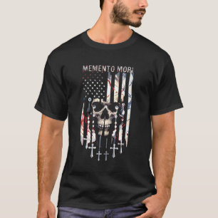 Memento Mori Catholic Rosary American Flag Skull T-Shirt