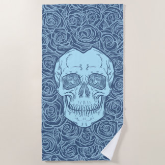 Memento Mori! Skull and Roses, Hand Drawn Beach Towel