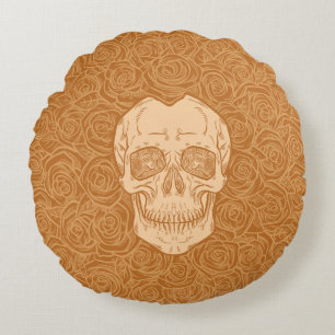 Memento Mori! Skull and Roses, Hand Drawn Round Cushion