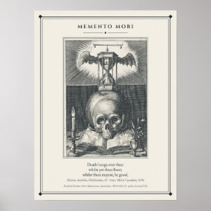 Memento Mori Skull and Winged Hourglass Engraving Poster