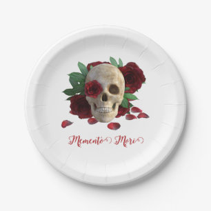 Memento Mori. Skull with red roses Paper Plate