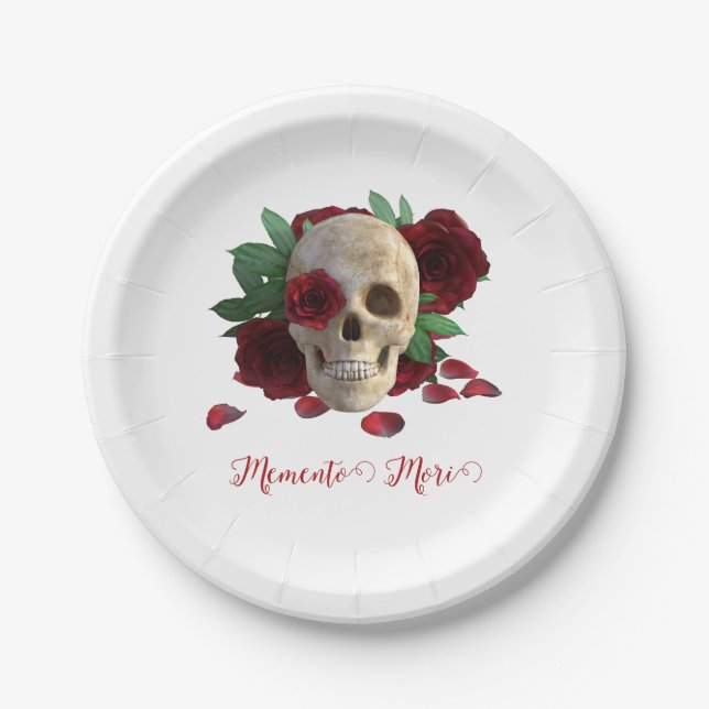 Memento Mori. Skull with red roses Paper Plate (Front)