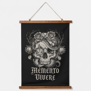 Memento Vivere Gothic Skull with Snake and Roses  Hanging Tapestry