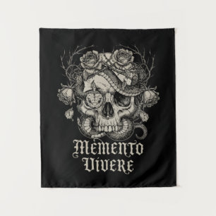 Memento Vivere Gothic Skull with Snake and Roses  Tapestry