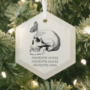 MEMENTO VIVERE • MEMENTO AMARE • MEMENTO MORI GLASS TREE DECORATION