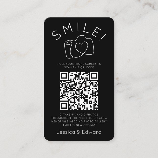 Memorable Photos Qr Code Black Chic Modern Wedding Place Card (Front)