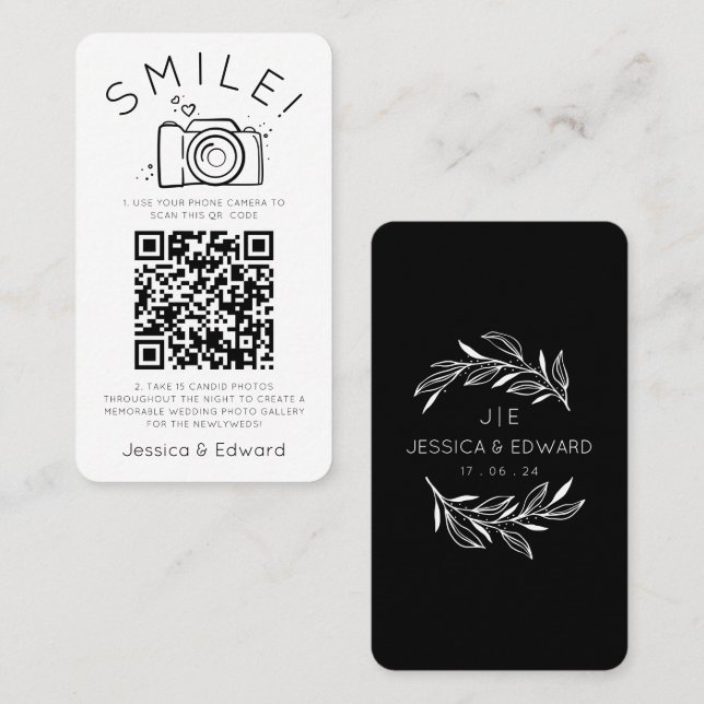 Memorable Photos Qr Code Black Chic Modern Wedding Place Card (Front/Back)
