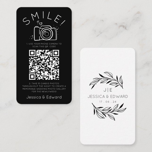 Memorable Photos Qr Code Black Chic Modern Wedding Place Card (Front/Back)