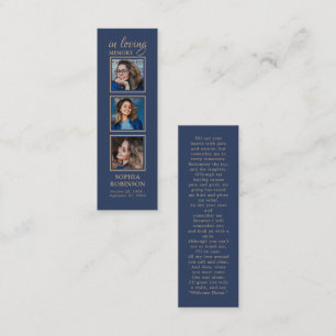 Memorial 3 Photo Funeral Blue Prayer Bookmark Card
