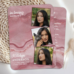 Memorial 3 Photo Pink Marble Funeral Prayer Card