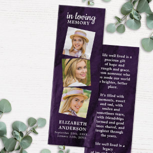 Memorial 3 Photo Purple Funeral Prayer Bookmark