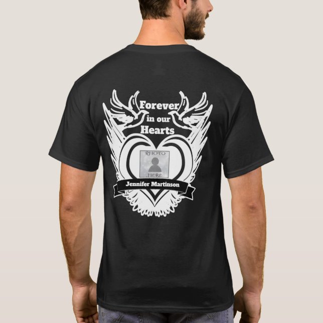 Memorial | Add Photo with Angel Wings, Heart Doves T-Shirt (Back)