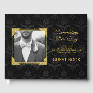 Memorial Add Your Photo Black Damask Gold Frame Guest Book