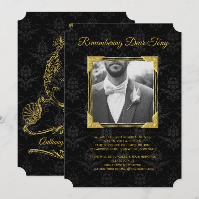 Memorial Add Your Photo Black Damask Gold Frame Invitation (Front/Back)