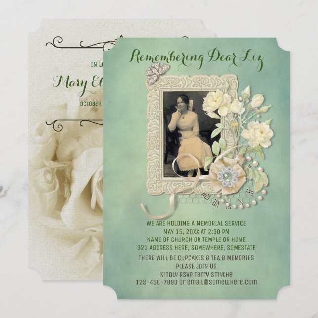 Memorial Add Your Photo Butterfly Roses Pearls Invitation (Front/Back)