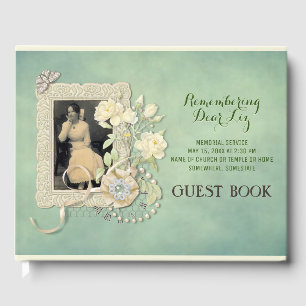 Memorial Add Your Photo Butterfly Roses Pearls Rib Guest Book