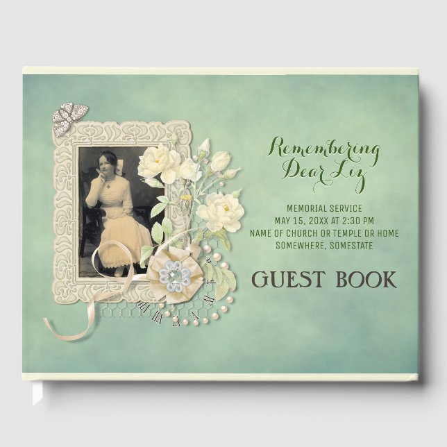 Memorial Add Your Photo Butterfly Roses Pearls Rib Guest Book (Front)