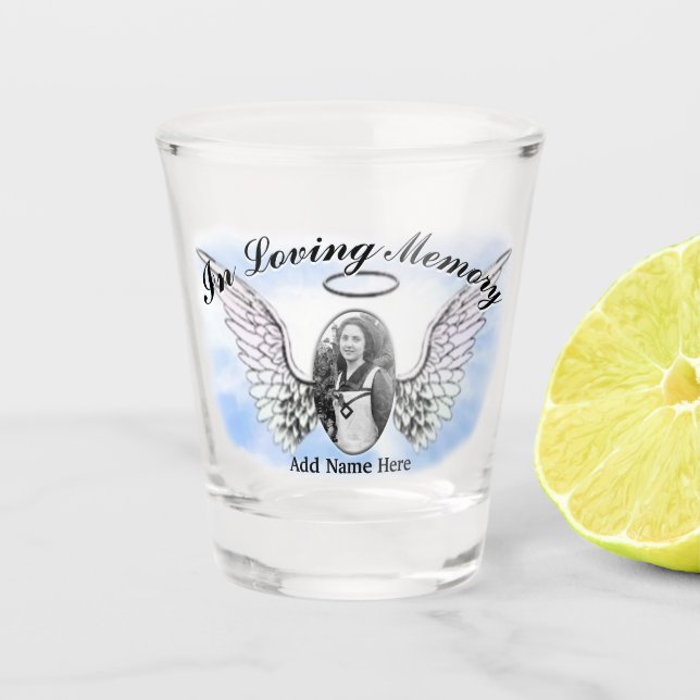 Memorial Angel Wings Add Photo / Name Shot Glass (Front)