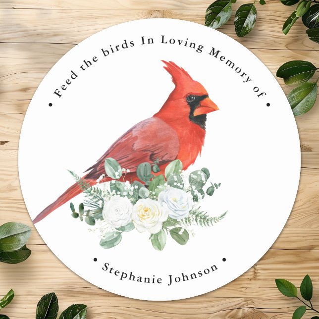 Memorial Bird Seed Cardinal Floral Funeral Favour Classic Round Sticker (Creator Uploaded)