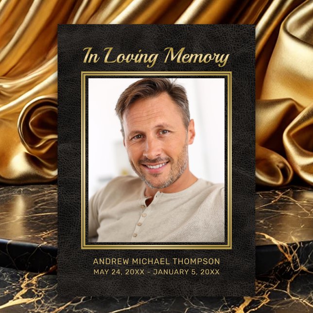 Memorial Black Leather with Gold Photo Sympathy Thank You Card (In Loving Memory Faux Black Leather Photo Funeral Thank you card.)