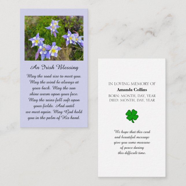 Memorial Blessing Blue, Violet, Yellow, Prayer Business Card (Front/Back)