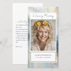 Memorial Blue and Gold Photo Funeral Bookmark Thank You Card