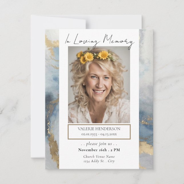 Memorial Blue and Gold Photo Funeral Service Invitation (Front)