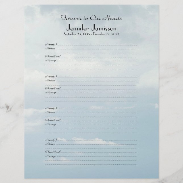 Memorial Book Binder Filler Sign-In Page Blue Sky (Front)