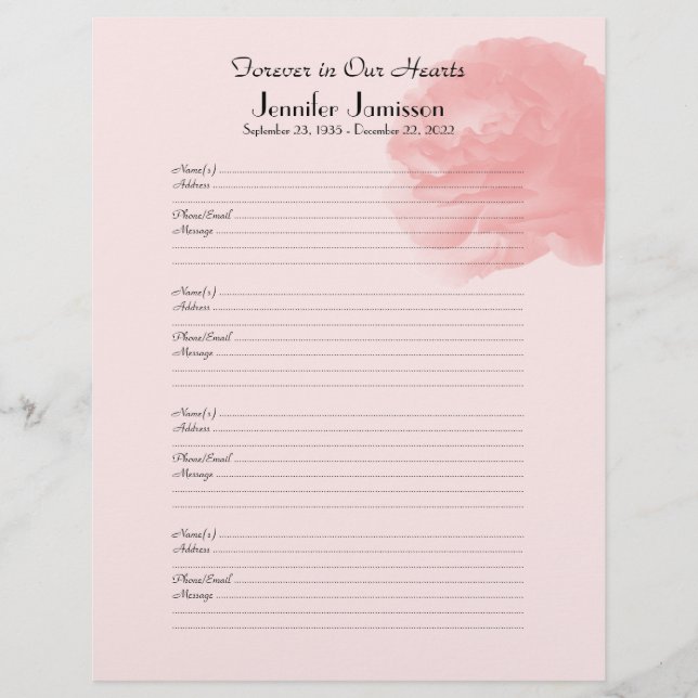 Memorial Book Filler Coral Pink Rose Sign-In Page (Front)