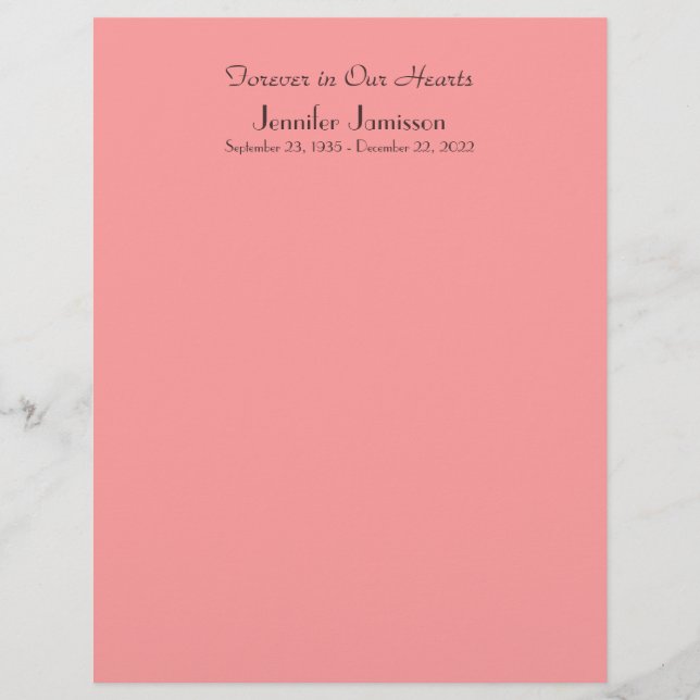 Memorial Book Filler Page, Coral Colour (Front)