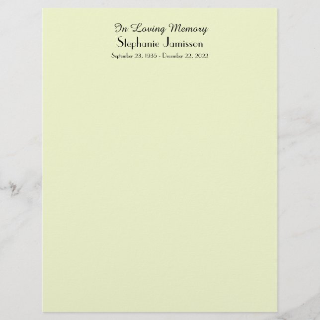 Memorial Book Filler Page, Pale Green Colour (Front)