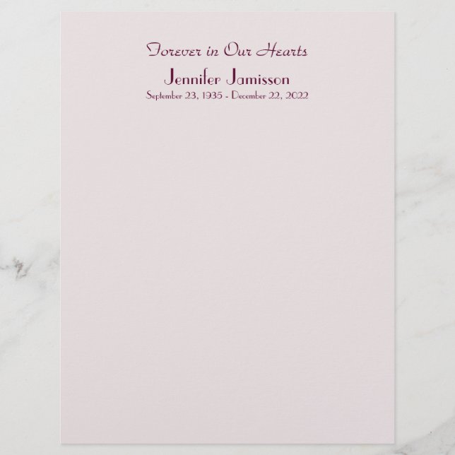 Memorial Book Filler Page, Pale Pink (Front)