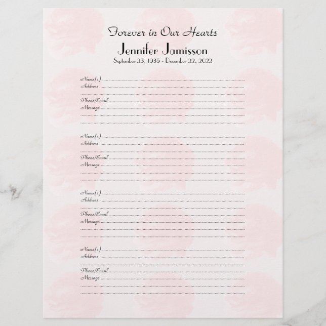 Memorial Book Filler Sign-In Page 4 Name Page Rose (Front)