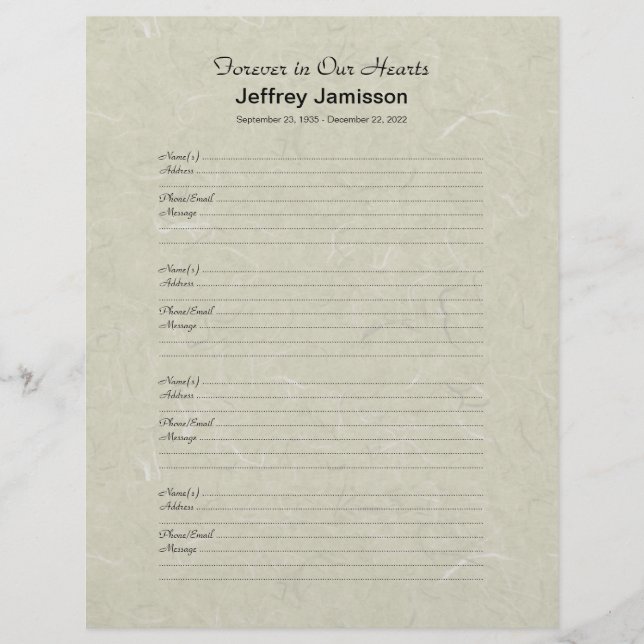 Memorial Book Filler Sign-In Page 4 Names per Page (Front)
