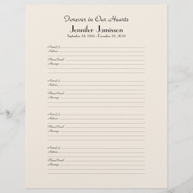 Memorial Book Filler Sign-In Page 4 Names per Page (Front)
