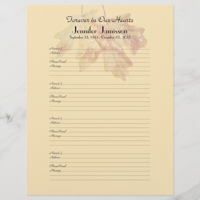 Memorial Book Filler Sign-In Page 4 Names per Page (Front)