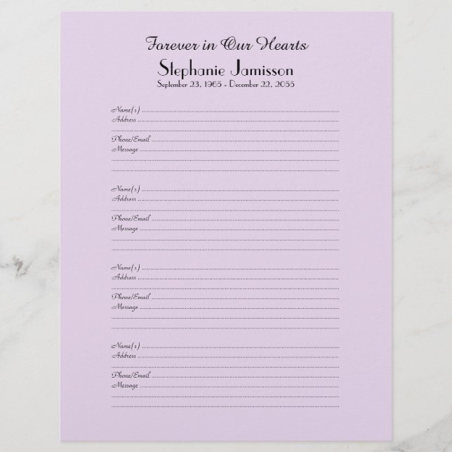 Memorial Book Filler Sign-In Page 4 Names per Page (Front)